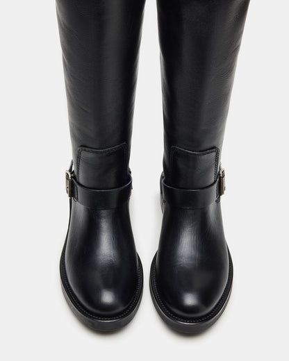 SADY Black Leather Knee-High Rounded Toe Women's Boot