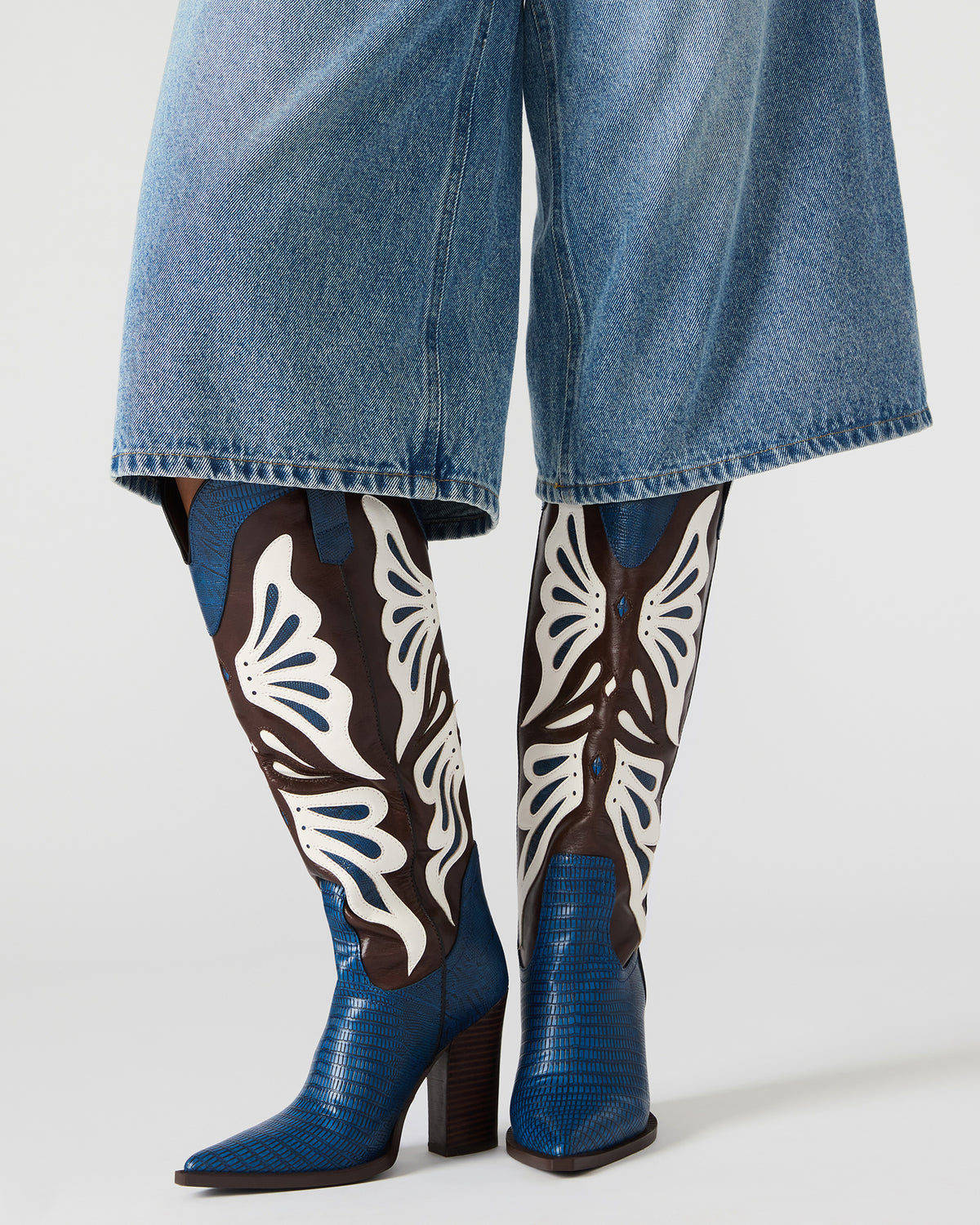 KAZ Blue/White Pointed-Toe Knee-High Block Heel Western Women's Boot