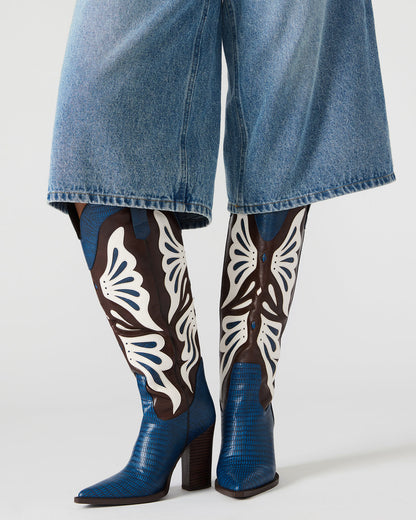 KAZ Blue/White Pointed-Toe Knee-High Block Heel Western Women's Boot