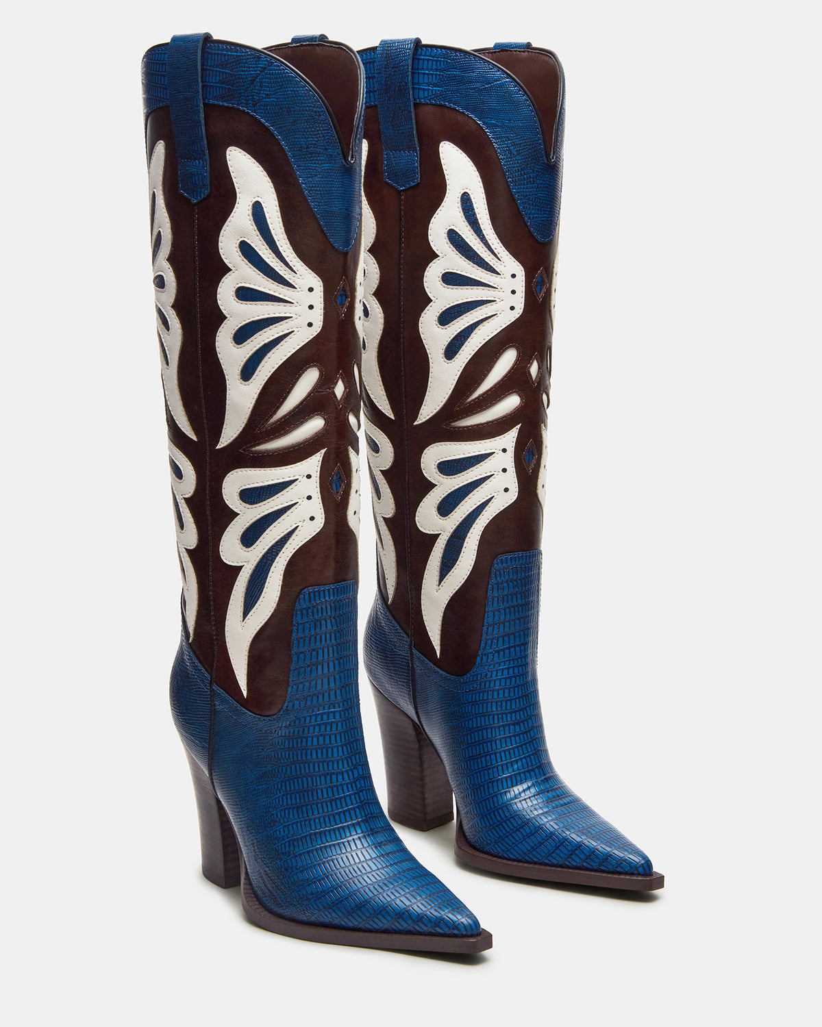KAZ Blue/White Pointed-Toe Knee-High Block Heel Western Women's Boot
