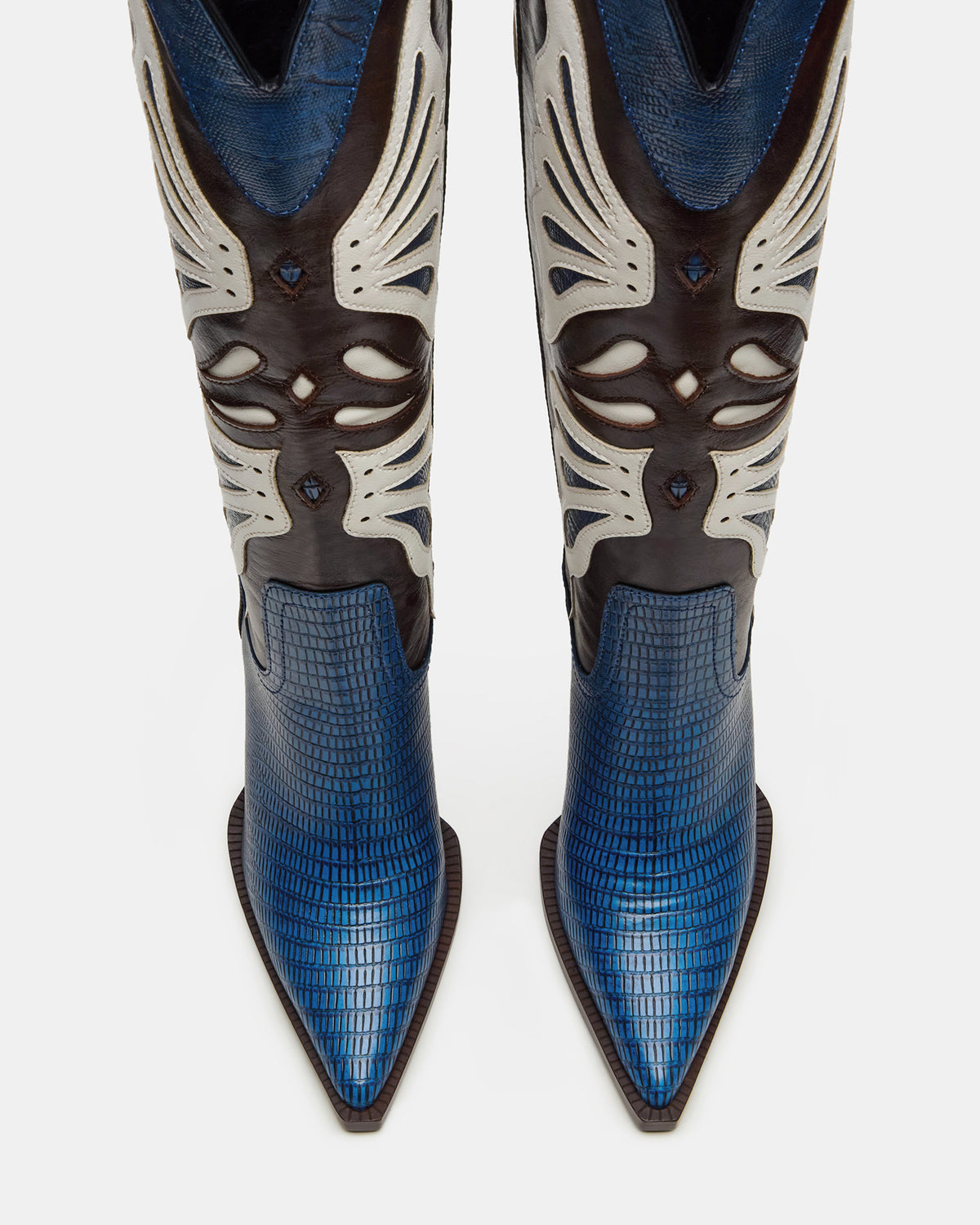 KAZ Blue/White Pointed-Toe Knee-High Block Heel Western Women's Boot