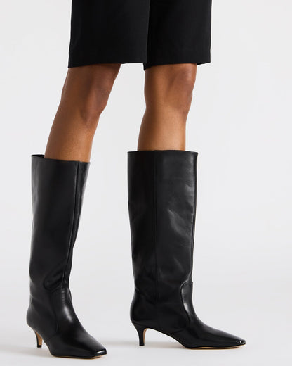 LANDER White Leather Knee-High Kitten Heel Women's Boot