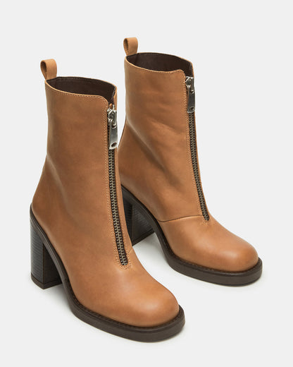 DECLAN Cognac Leather Block Heeled Ankle Boot | Women's Booties