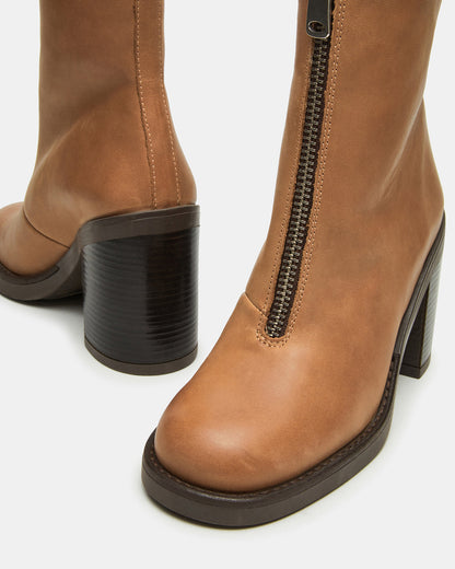 DECLAN Cognac Leather Block Heeled Ankle Boot | Women's Booties