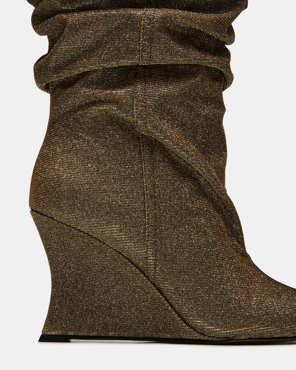 DISTORTION Gold Glitter Pointed-Toe Scrunched Knee-High Wedge Women's Boot