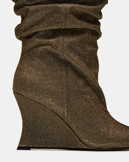 DISTORTION Gold Glitter Pointed-Toe Scrunched Knee-High Wedge Women's Boot