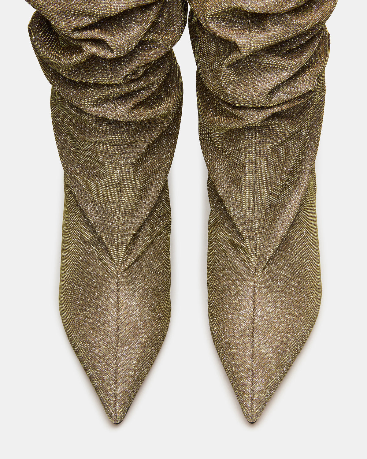 DISTORTION Gold Glitter Pointed-Toe Scrunched Knee-High Wedge Women's Boot