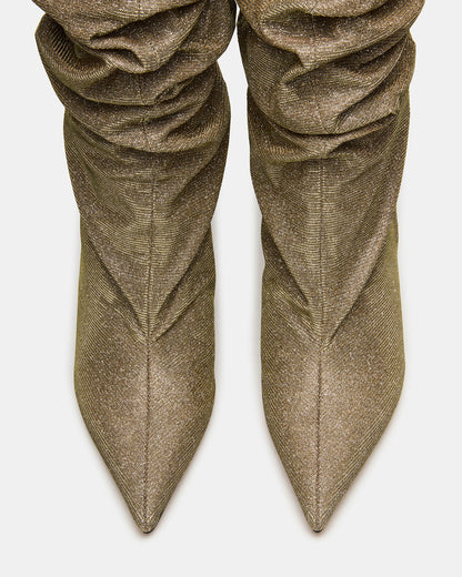 DISTORTION Gold Glitter Pointed-Toe Scrunched Knee-High Wedge Women's Boot