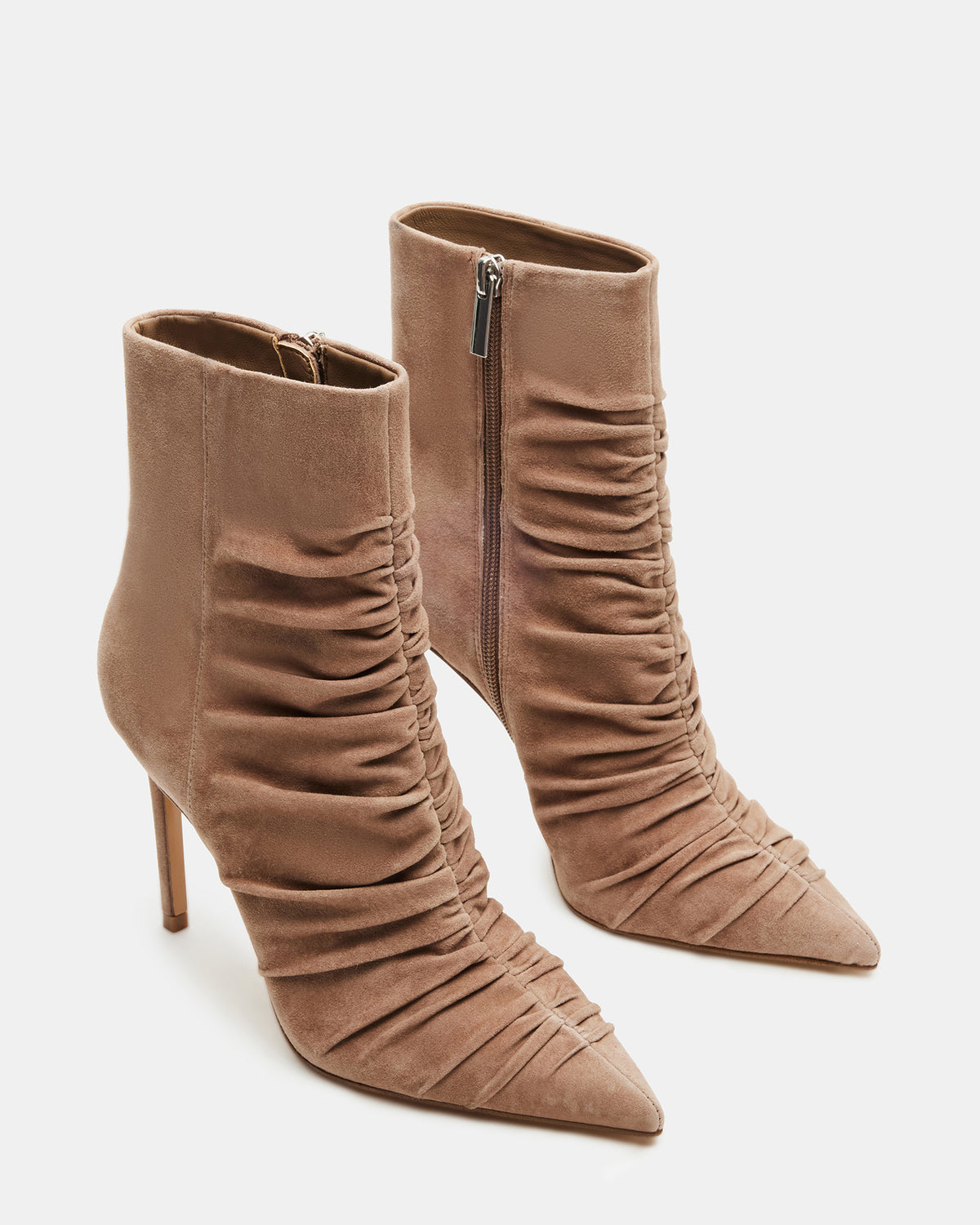 TEASE Taupe Suede Ruched Pointed Toe Ankle Boot | Women's Booties