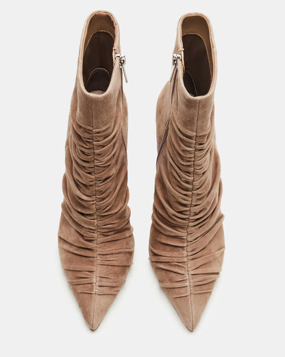 TEASE Taupe Suede Ruched Pointed Toe Ankle Boot | Women's Booties