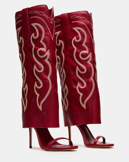 RAVINE Western Red Knee-High Cuffed Stiletto Heel Women's Boot
