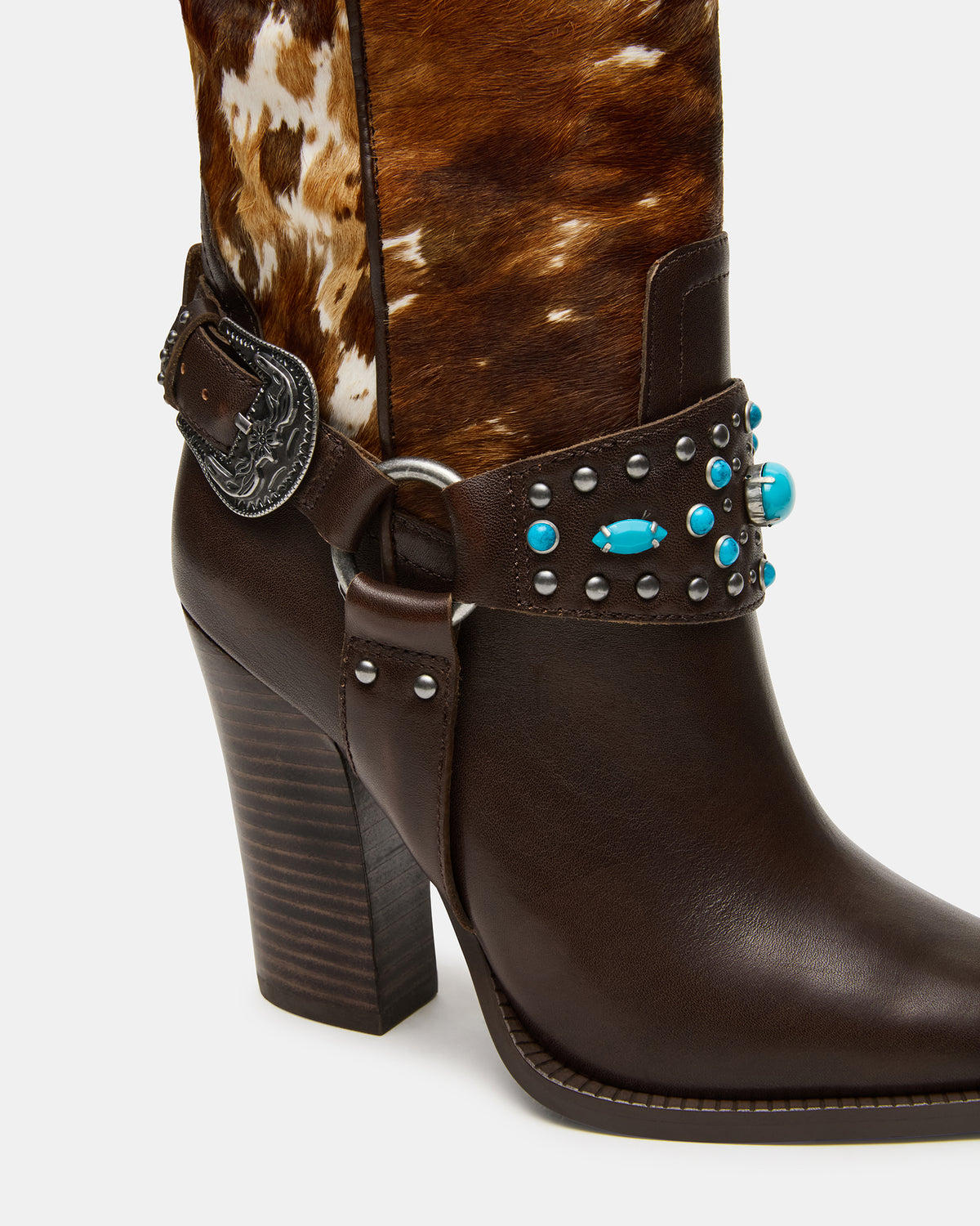 KOLT-H Brown Multi Pointed-Toe Knee-High Western Block Heel Women's Boot