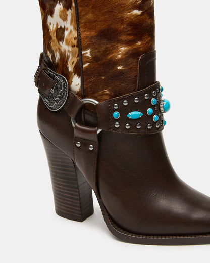 KOLT-H Brown Multi Pointed-Toe Knee-High Western Block Heel Women's Boot