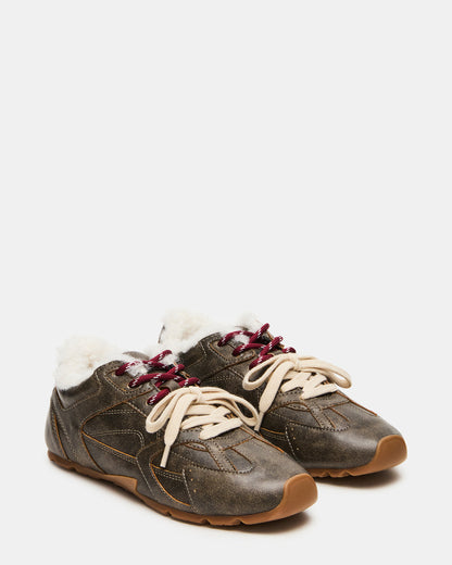 AZIEL Faux Fur Brown Distressed Low-Top Lace-Up Women's Sneakers