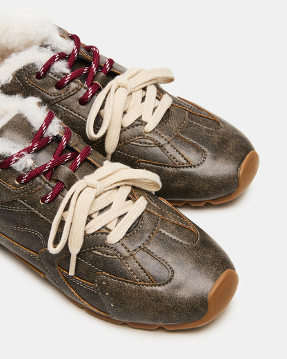 AZIEL Faux Fur Brown Distressed Low-Top Lace-Up Women's Sneakers