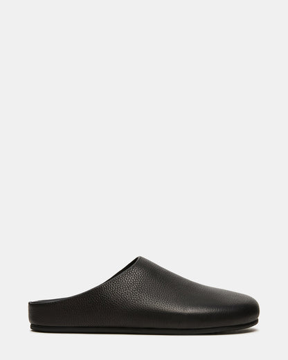 FERN Black Leather Mule Slip-On Round-Toe Women's Flat
