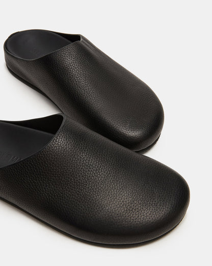 FERN Black Leather Mule Slip-On Round-Toe Women's Flat