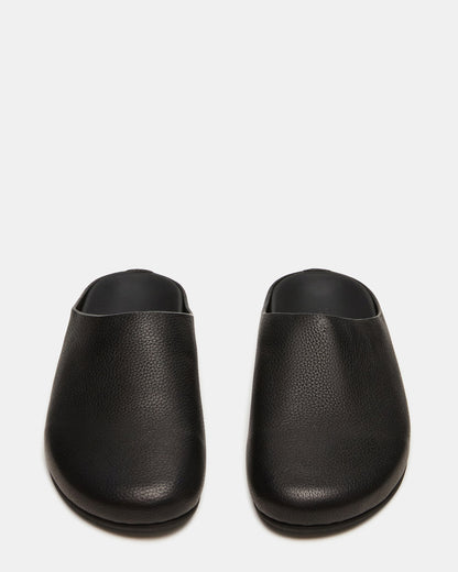FERN Black Leather Mule Slip-On Round-Toe Women's Flat