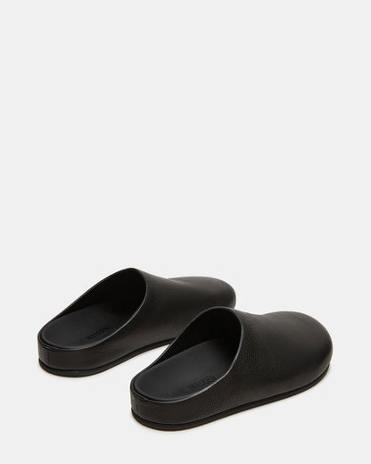 FERN Black Leather Mule Slip-On Round-Toe Women's Flat