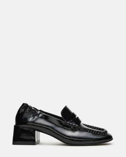 ESTEE Black Crinkle Patent Square-Toe Heeled Women's Loafer