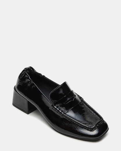 ESTEE Black Crinkle Patent Square-Toe Heeled Women's Loafer