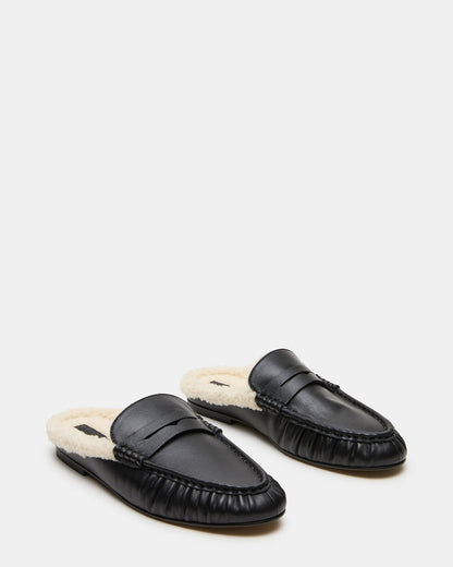 RAFE Faux Fur Black Leather Slip-On Mule Women's Flat