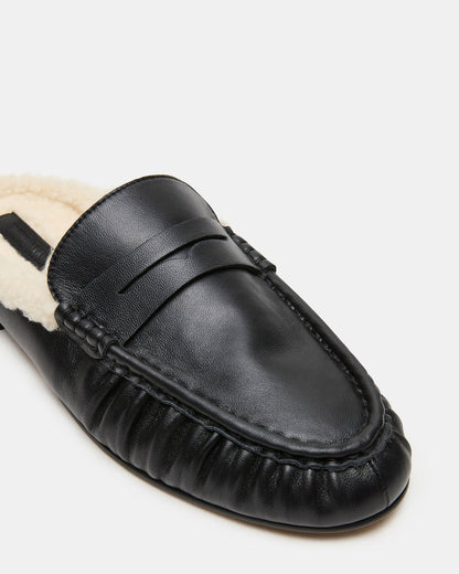 RAFE Faux Fur Black Leather Slip-On Mule Women's Flat