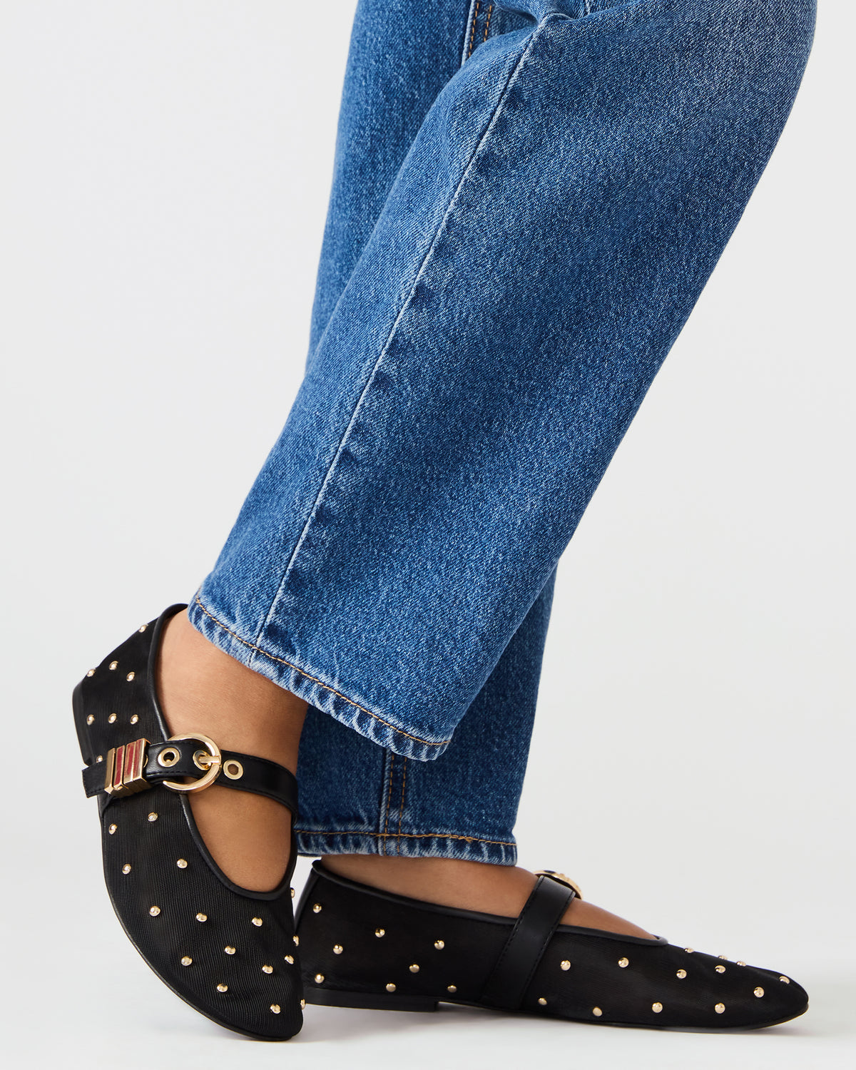 LUCIA Stud Black Multi Mesh Mary Jane Ballet Women's Flat