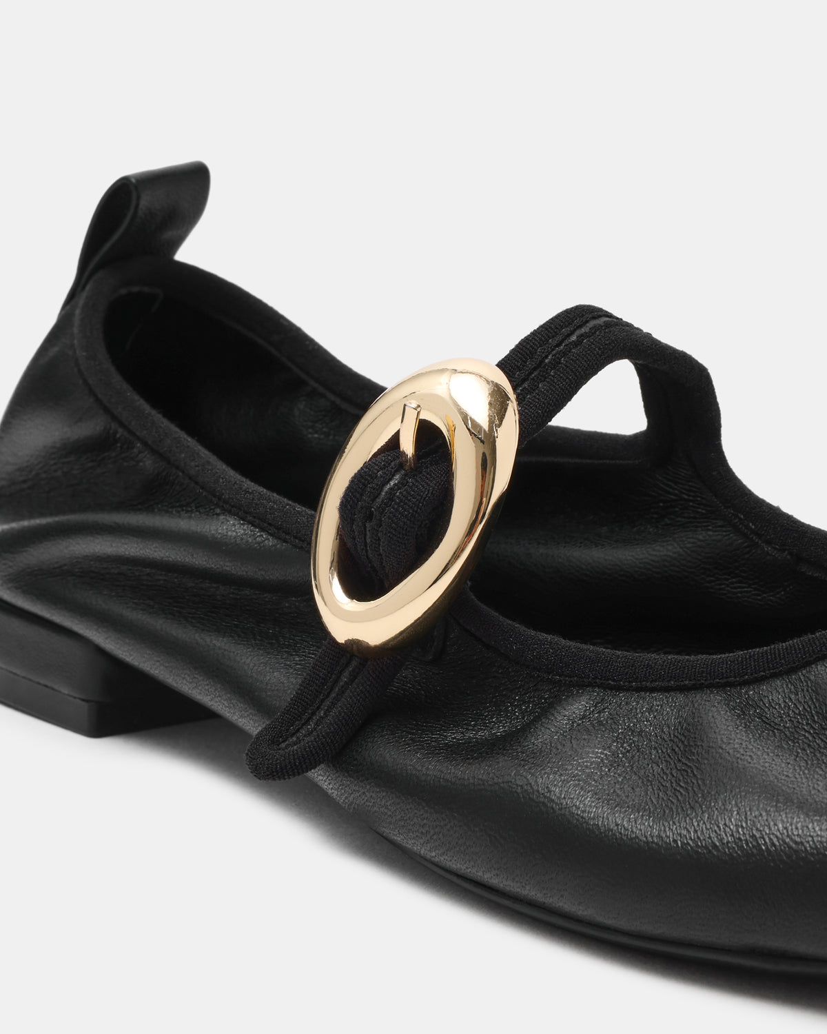 DAFFIA Black Leather Mary Jane Gold-Detail Buckle Ballet Women's Flat