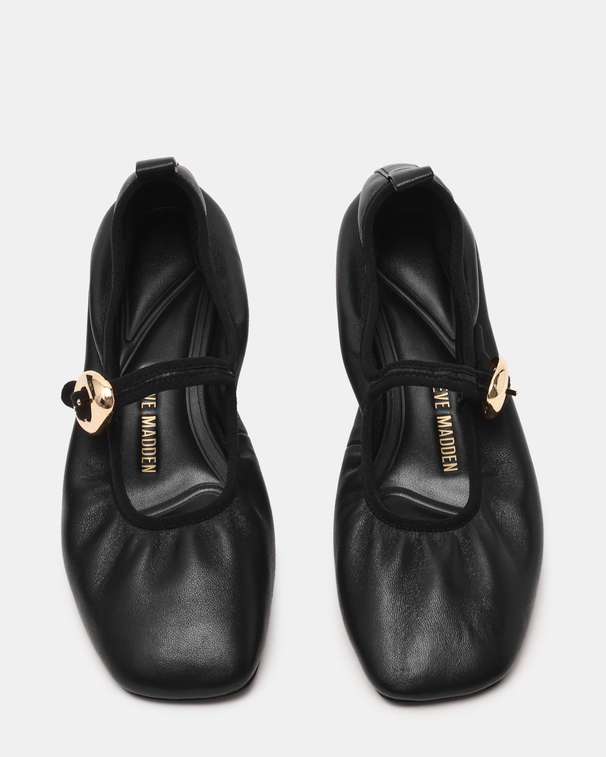 DAFFIA Black Leather Mary Jane Gold-Detail Buckle Ballet Women's Flat