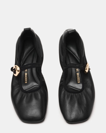 DAFFIA Black Leather Mary Jane Gold-Detail Buckle Ballet Women's Flat