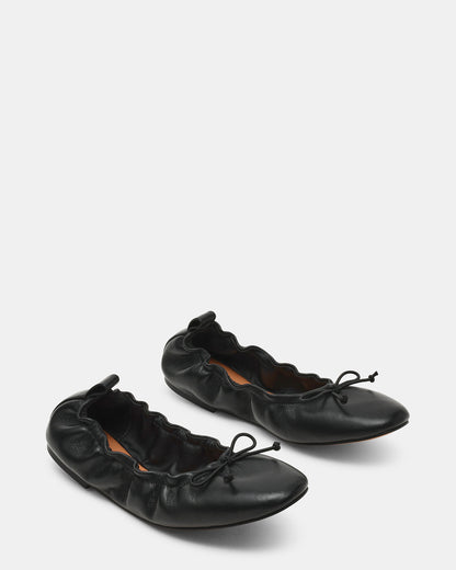 LANTI Black Leather Bow Round-Toe Women's Flat
