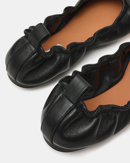 LANTI Black Leather Bow Round-Toe Women's Flat