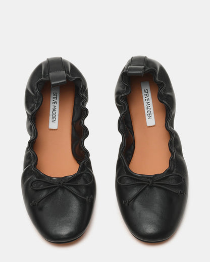 LANTI Black Leather Bow Round-Toe Women's Flat