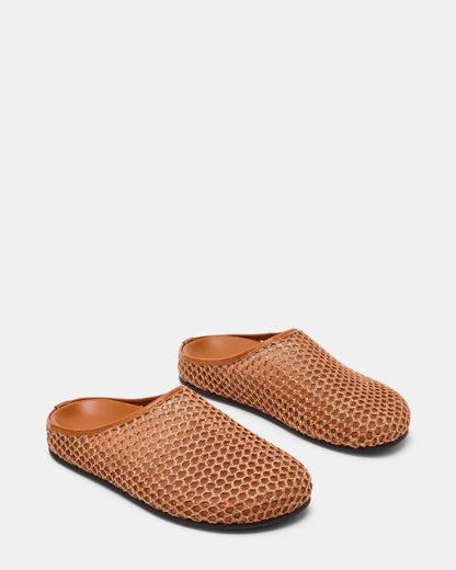 FERN Tan Raffia Mesh Mule Slip-On Round-Toe Women's Flat