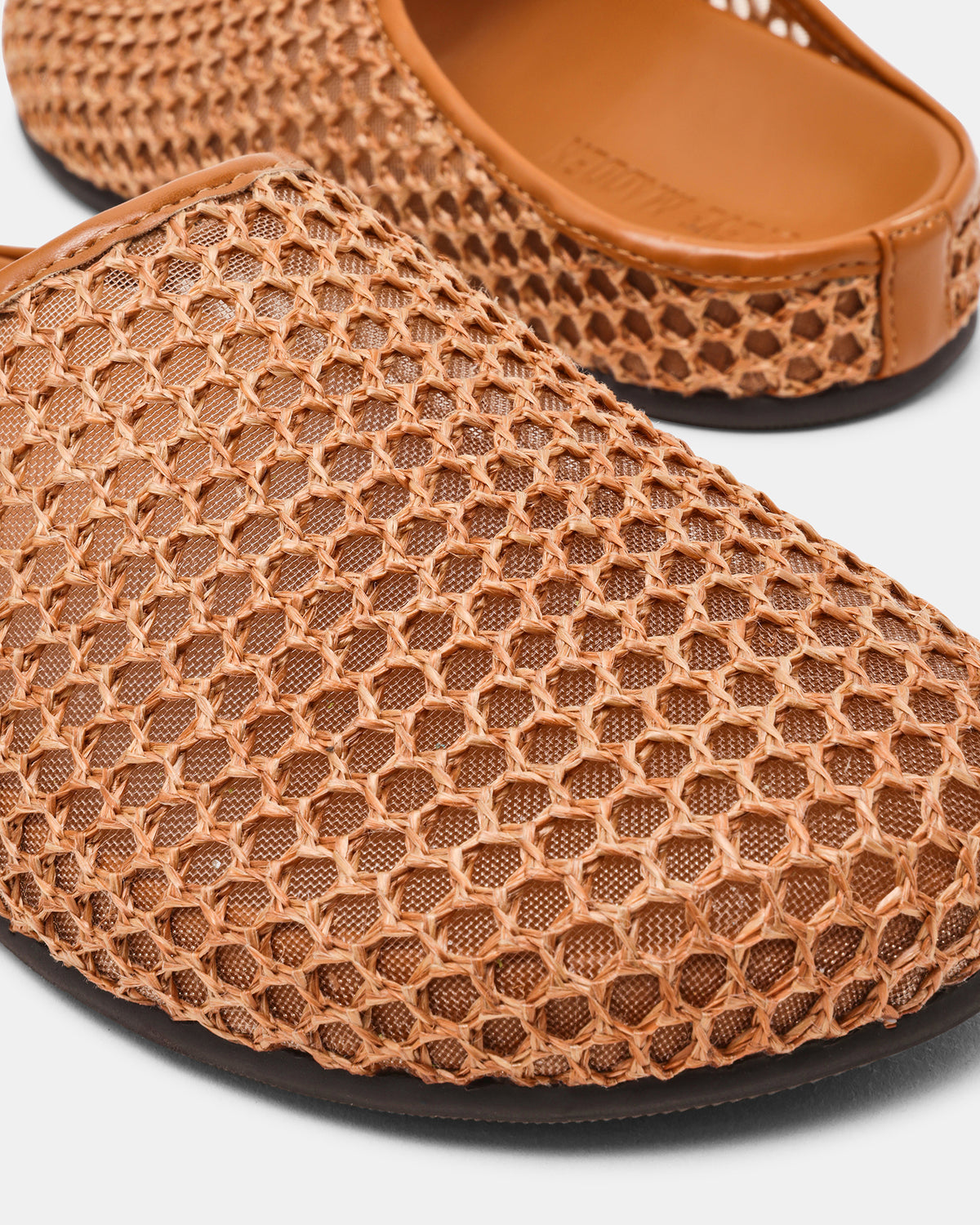 FERN Tan Raffia Mesh Mule Slip-On Round-Toe Women's Flat