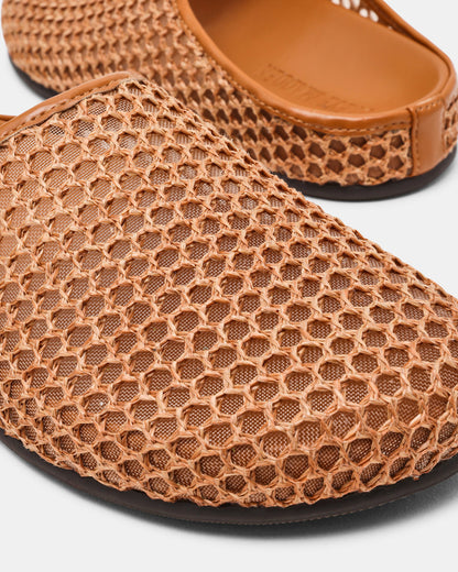 FERN Tan Raffia Mesh Mule Slip-On Round-Toe Women's Flat