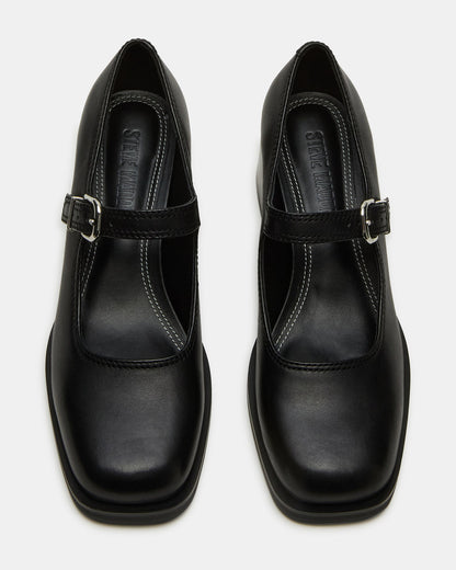 LISBON Black Leather Square-Toe Mary Jane Women's Loafer
