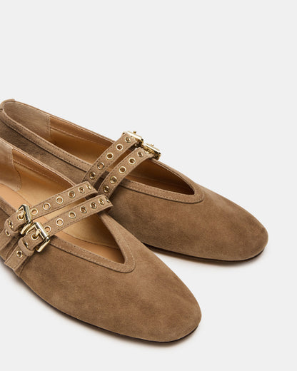 LYDIA Taupe Suede Square-Toe Mary Jane Ballet Women's Flat