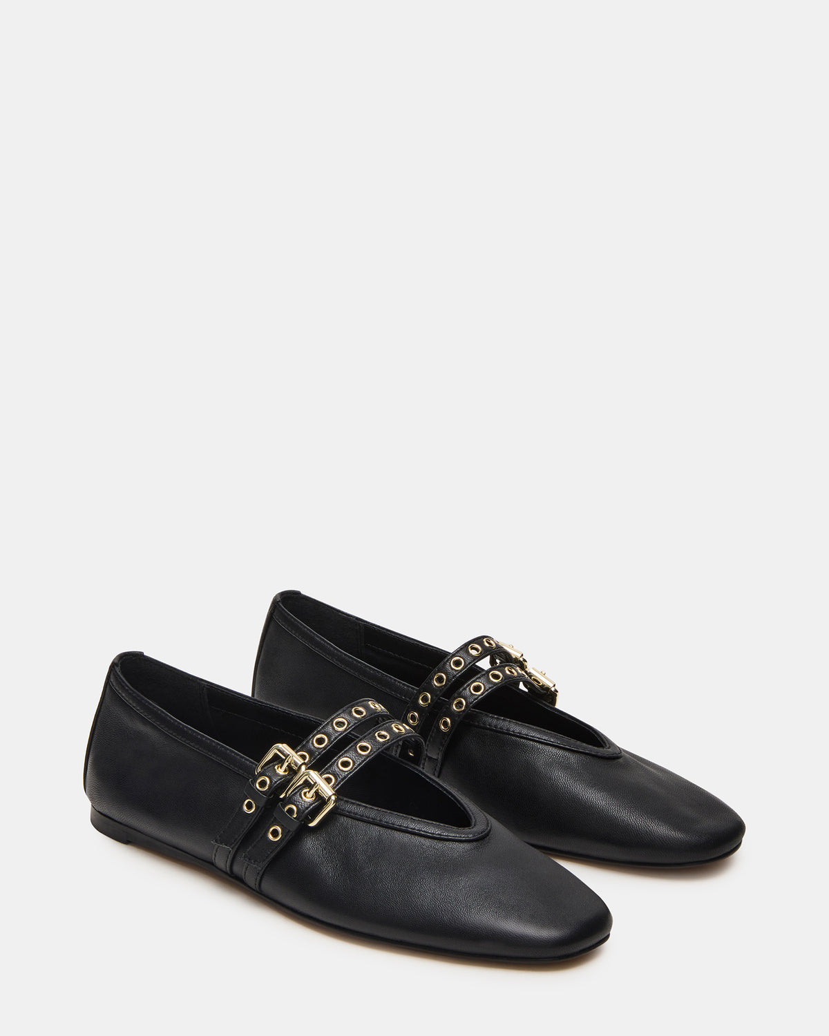 LYDIA Black Leather Square-Toe Mary Jane Ballet Women's Flat