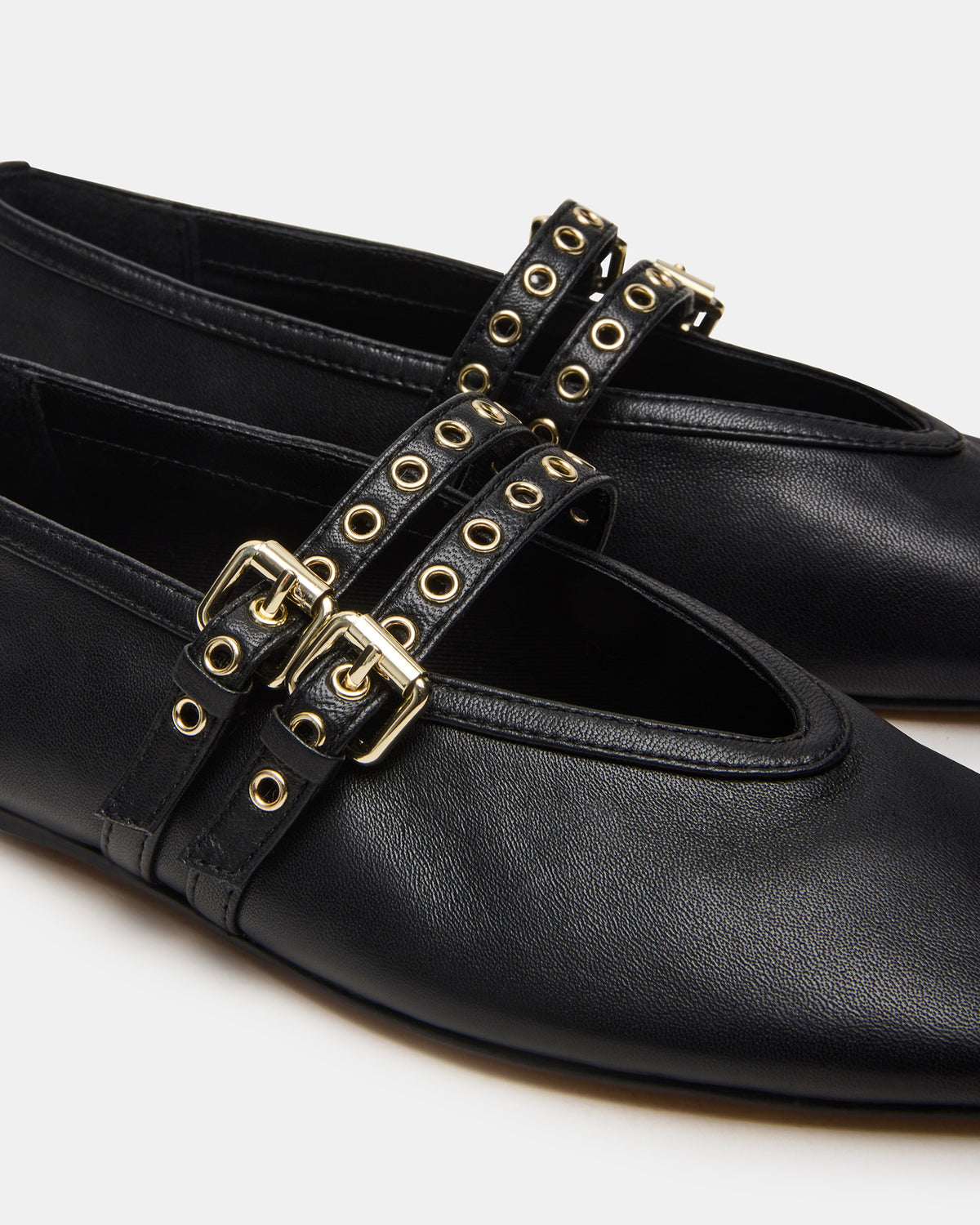 LYDIA Black Leather Square-Toe Mary Jane Ballet Women's Flat