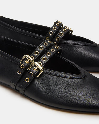LYDIA Black Leather Square-Toe Mary Jane Ballet Women's Flat