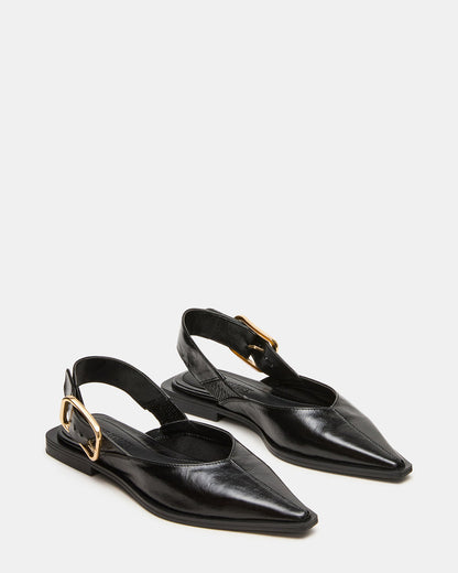 SHAY Black Leather Pointed-Toe Slingback Ballet Women's Flat