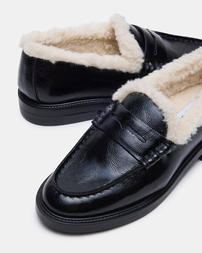 MADISON Faux Fur Black Leather Women's Penny Loafer
