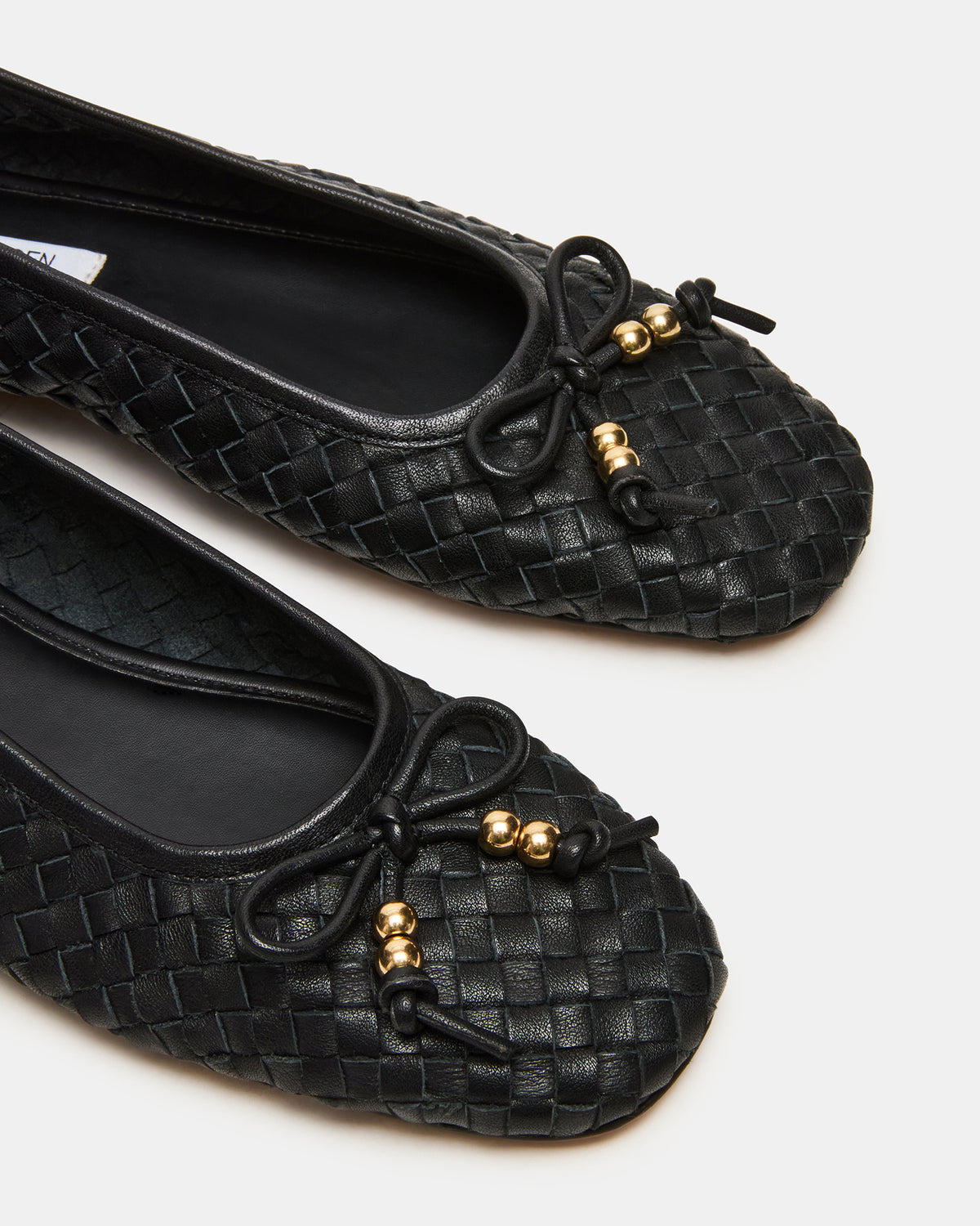 DIVY Black Leather Woven Bow Ballet Round-Toe Women's Flat