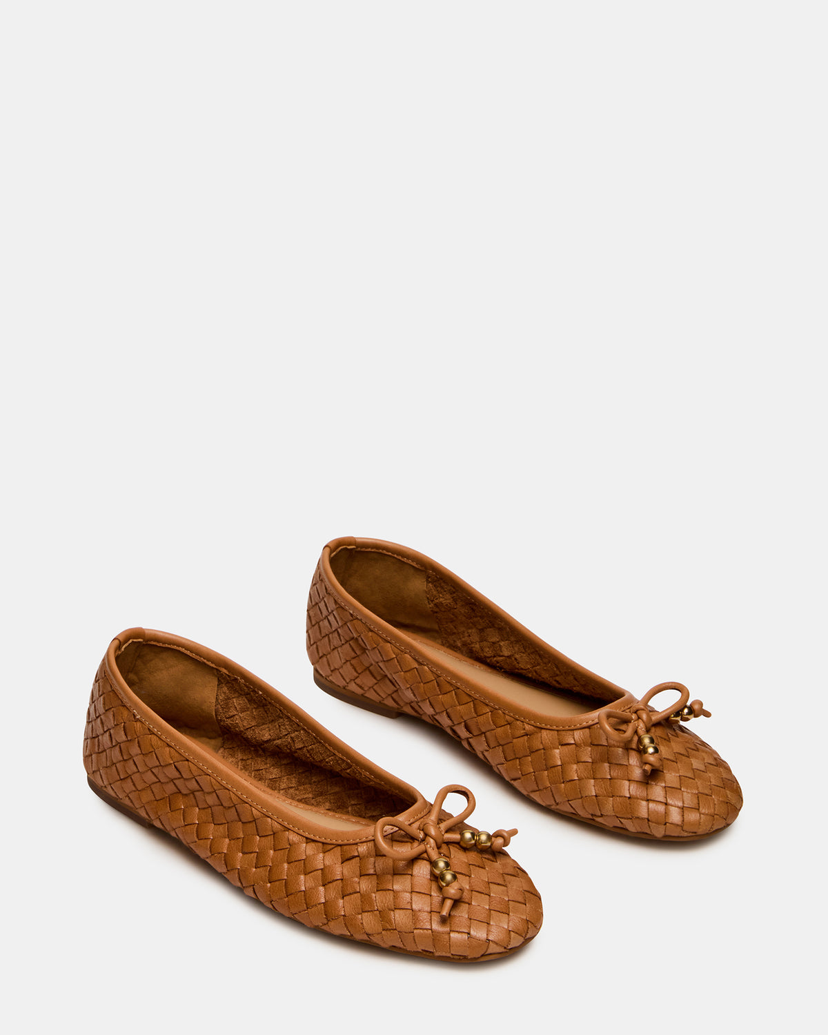 DIVY Cognac Leather Woven Bow Ballet Round-Toe Women's Flat