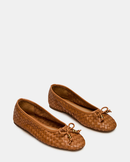DIVY Cognac Leather Woven Bow Ballet Round-Toe Women's Flat