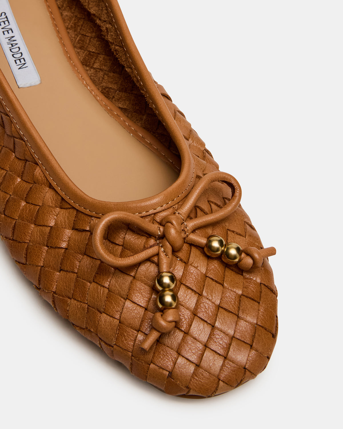 DIVY Cognac Leather Woven Bow Ballet Round-Toe Women's Flat