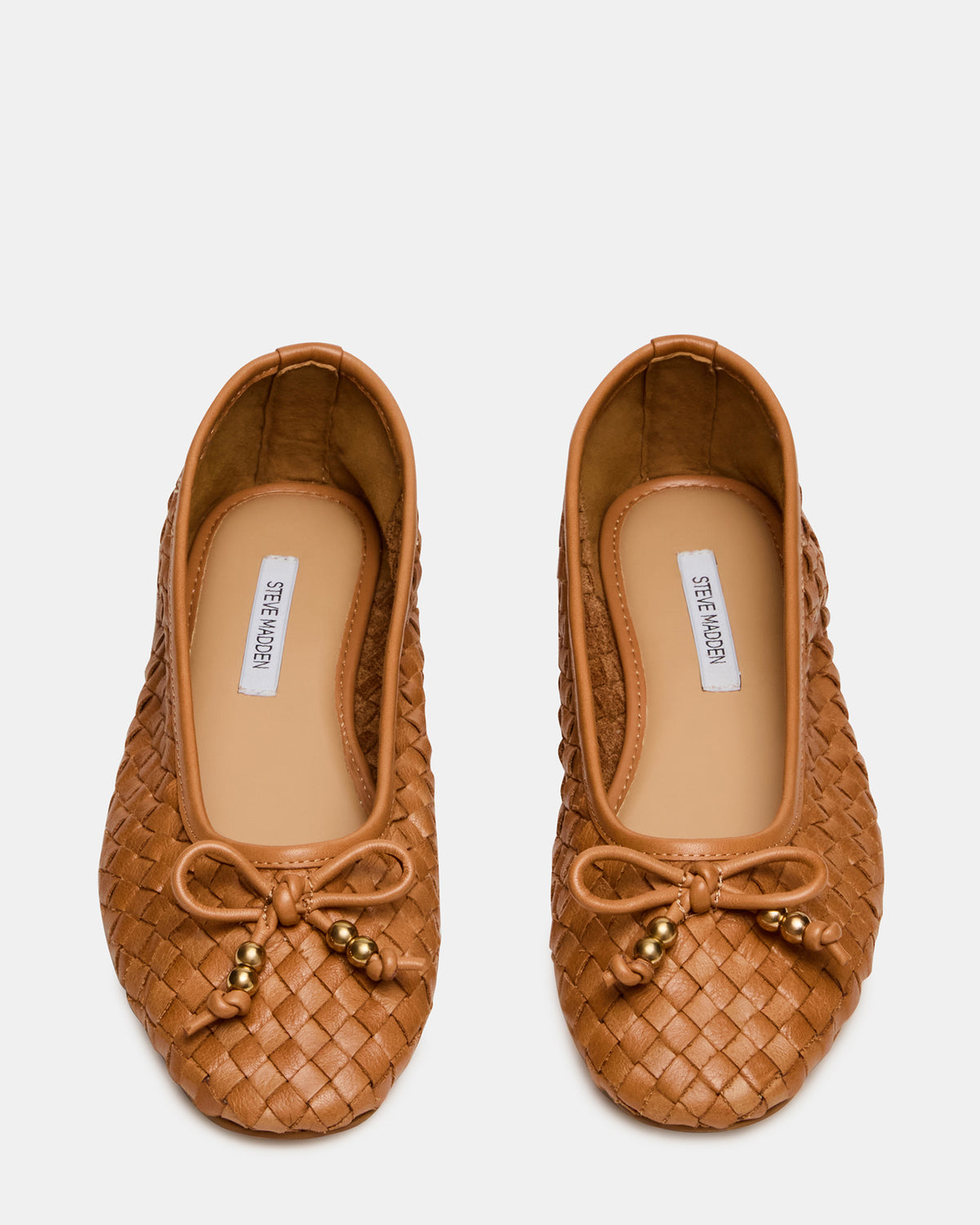 DIVY Cognac Leather Woven Bow Ballet Round-Toe Women's Flat