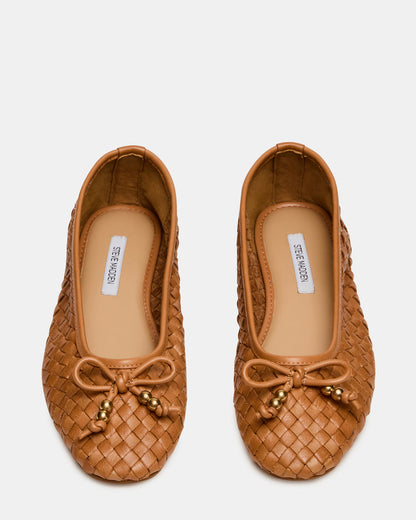 DIVY Cognac Leather Woven Bow Ballet Round-Toe Women's Flat